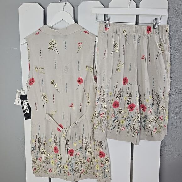 Modiano Floral Vest Shirt and Short Set Medium 10 Brown VTG Cottage Resort 90s - Picture 2 of 8